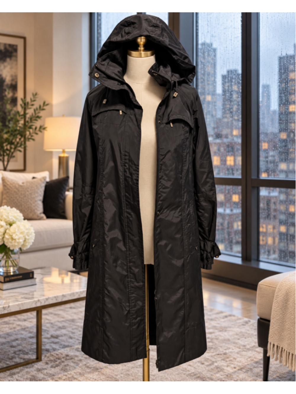 Cole Haan Women Hooded Raincoat Black Long Trench Storm Flap Jacket XS (oversize